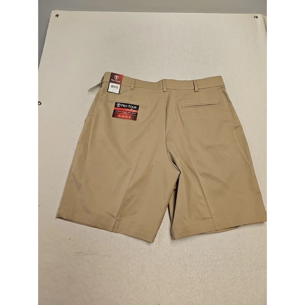 Pro Tour Mens Motionplay 360 Comfort Stretch Tech Shorts Khaki‎ Pleated PZBS7021